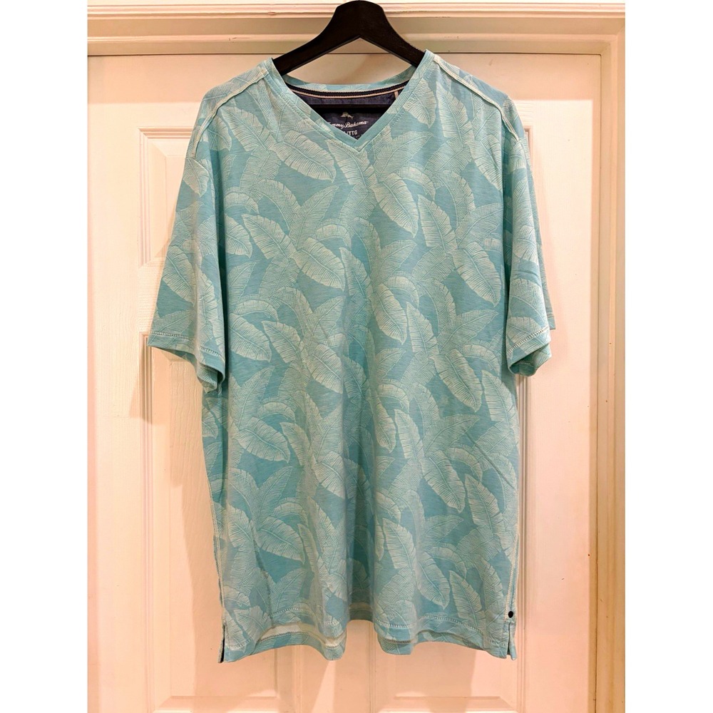 Tommy Bahama Men's V-Neck Tropical Leaf Knit T-Shirt Blue Short Sleeve XXL